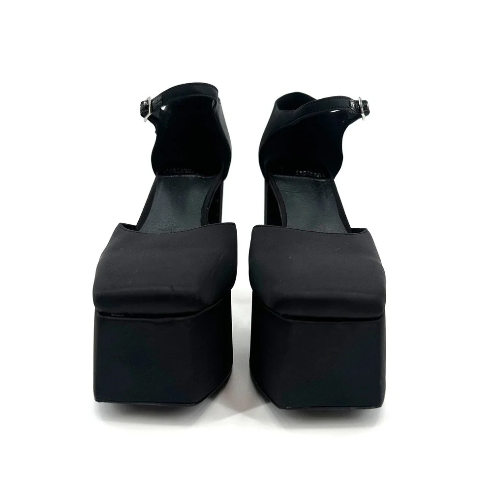 Jeffrey Campbell Over N Out Black Satin Mary Jane Platform Heels Square Toe 9